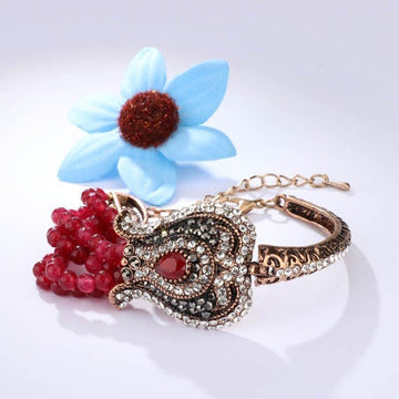Luxury Red Natural Stone Vintage Antique Gold Color Crystal Bracelet - The Jewellery Supermarket